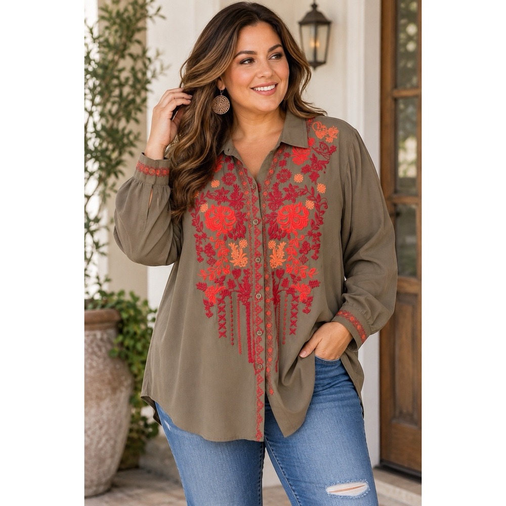 Andree by Unit Blouse 3X Embroidered Floral Boho Tunic 100% Rayon Button Up